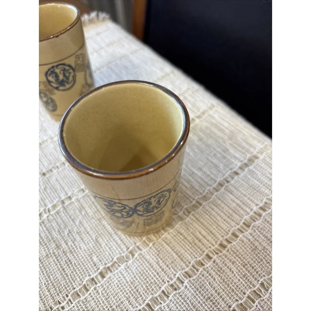 Pier One Imports Porcelain Teapot Set w/ 4‎ Cups Navy & Brown Stamp Pattern